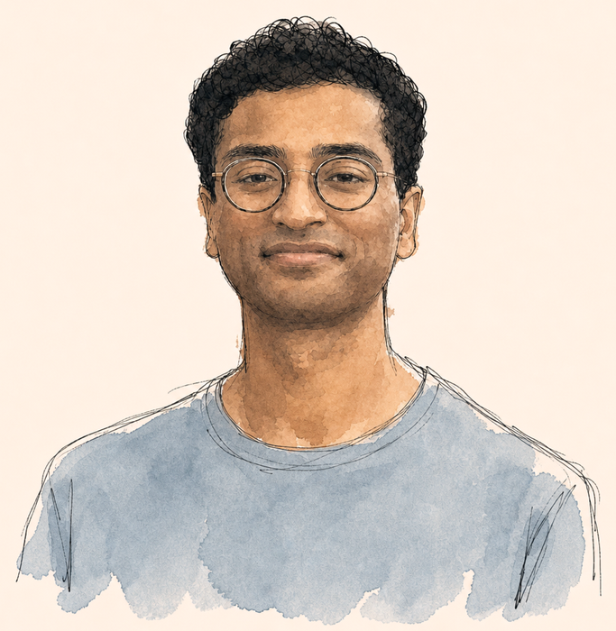 An ink and watercolour portrait of Salil Patel